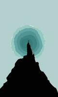 een artistiek werk voor een Mens staand Aan de top van een berg, demonstreert succes, demonstratie van winnend een uitdaging, blauw maan achter een berg, blauw en zwart omslag, kunst illustratie vector