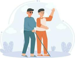 een Mens is wandelen met een Mens met een Blind onbekwaamheid en groet iemand illustratie vector