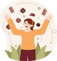 vrouw vieren chocola regen en taart illustratie vector