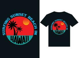 surfen ng zonsondergang strand in h aw aii illustraties voor drukklare t-shirts ontwerp vector