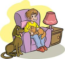 jongen met kat en hond vector illustratie
