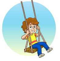 schattig peuter- jongen swinging Aan touw, gelukkig jongen hebben pret Aan schommel tekenfilm vector illustratie