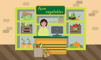 illustratie met winkel van vers boerderij groenten vector