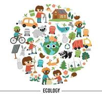 vector ecologisch ronde kader met schattig kinderen zorgzaam van natuur. aarde dag kaart sjabloon voor spandoeken, uitnodigingen. schattig milieu vriendelijk illustratie met planeet, verspilling recycling