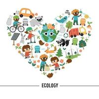 vector ecologisch hart vormig kader met schattig kinderen zorgzaam van natuur. aarde dag kaart sjabloon voor spandoeken, uitnodigingen. schattig milieu vriendelijk illustratie met planeet, verspilling recycling concept