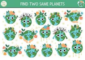 vind twee dezelfde planeten. ecologisch bij elkaar passen werkzaamheid voor kinderen. eco bewustzijn leerzaam quiz werkblad voor kinderen voor aandacht vaardigheden. aarde dag gemakkelijk afdrukbare spel vector