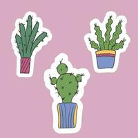 reeks van schattig stickers van cactussen in potten. binnen- planten. voor de ontwerp van kaarten, uitnodigingen of stickers. geïsoleerd vector