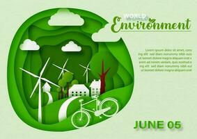 poster concept van wereld milieu dag met leuze en de dag, naam van evenement in papier besnoeiing stijl en vector ontwerp.