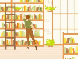 meisje kiezen een boek in een boekhandel of bibliotheek. vlak tekenfilm vector illustratie. vrouw karakter nemen boek van plank. leerling of boekenwurm. concept van lezing en onderwijs