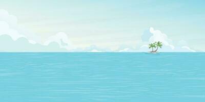 zeegezicht en blauw lucht met klein eiland vlak ontwerp. tropisch zee en toerisme concept vector illustratie.