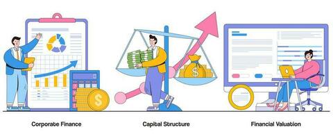 zakelijke financiën, hoofdstad structuur, financieel waardering concept met karakter. financieel beheer abstract vector illustratie set. schuld eigen vermogen verhouding, financieel modellering, investering beoordeling