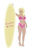 blond surfer in zwempak, vrouw met zeilplank illustratie vector