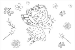 schattig prinses fee met een sprookjesland vector tekenfilm geïsoleerd sprookjes illustratie. kleur boek bladzijde voor kinderen met kleurrijk sjabloon