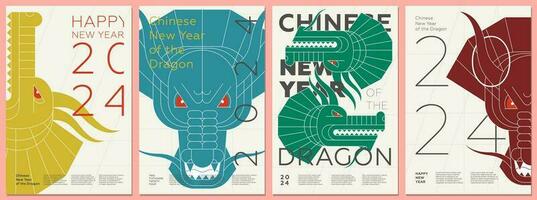 abstract Chinese draken hoofden Aan 2024 gelukkig nieuw jaar affiches. gekleurde creatief China dierenriem draak monster gezichten Aan flyers. grafisch Aziatisch viering kleurrijk afdrukken. modern modieus oosters schilderijen vector