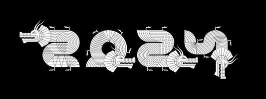 2024 meetkundig Chinese gelukkig nieuw jaar draken zwart spandoek. wit abstract China dierenriem dier draak. Aziatisch modern vormen met lineair patroon logo. sjabloon voor vector eps oosters kalender of poster