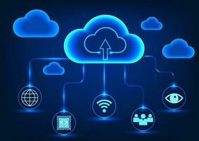 slim technologie stroomkring verbonden naar wolk technologie dat stuurt gegevens door een beveiligen internet systeem Aan de terug is een numeriek code dat loopt langs met Verbinden de technologie naar de wolk systeem vector