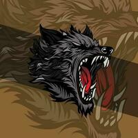 gemeen wolf hoofd detail illustratie mascotte agressief brullen in midden nacht vector