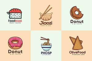 een logo voor voedingsmiddelen en restaurant noedels, donut, taart, jiaozi vector illustraties logo groot verzameling. voedingsmiddelen ontwerp en koken etiketten vector set. premie elementen met lepel en eetstokje vector.