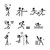 bal sport- icoon pictogram vector set. stok figuur mannen sport spelers vector icoon teken symbool pictogram. tennis, voetbal, basketbal, bowling, water polo, golf, volleybal, hockey