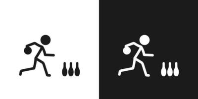 bowling icoon pictogram vector ontwerp. stok figuur Mens bowling speler vector icoon teken symbool pictogram. doelwit sport concept. stickman rollend een bal richting pinnen