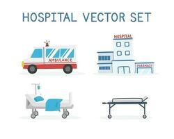 ziekenhuis clip art tekenfilm stijl vector set. ziekenhuis, ambulance, brancard, geduldig bed vlak vector illustratie hand- getrokken tekening stijl. ziekenhuis en medisch concept