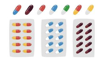 geneeskunde capsule clip art tekenfilm stijl. veelkleurig medisch pillen capsules vlak vector illustratie hand- getrokken tekening stijl. medisch medicijn, vitamine, antibiotica, aspirine. ziekenhuis en medisch concept