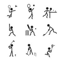 racket sport- icoon pictogram vector set. stok figuur mannen sport- spelers vector icoon teken symbool pictogram. badminton, tennis, basketbal, golf, hockey, croquet, lacrosse, tafel tennis, krekel pictogrammen