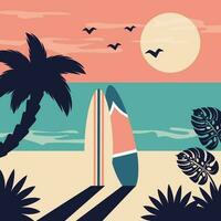 surfplanken in zand. tropisch landschap vintage. zomer strand achtergrond. zeegezicht met silhouet van palm, exotisch bladeren, surfen. vector illustratie voor reis, vakantie vakantie, toevlucht, poster