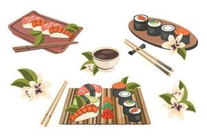 reeks van Japans nationaal voedsel geïsoleerd. Japans nigiri sushi maki met vis, garnaal, zeevruchten.collectie van oosters schotel detailopname met eetstokjes, houten dienblad. Koken concept. vector illustratie