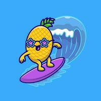 schattig pineaple surfing in de zee tekenfilm vector icoon illustratie. voedsel vakantie icoon concept geïsoleerd premie vector. vlak tekenfilm stijl