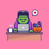 schattig frankenstein werken Aan laptop met snoep en koffie tekenfilm vector icoon illustratie. mensen vakantie icoon concept geïsoleerd premie vector. vlak tekenfilm stijl