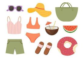 zomer Dames elementen accessoires voor strand vakantie. vrouw items voor vakantie seizoen. vector reeks pictogrammen geïsoleerd Aan wit achtergrond