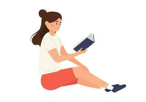 zittend vrouw met boek in haar handen. meisje lezen fictie literatuur, roman. leerling aan het leren voor examen. vlak vector illustratie geïsoleerd Aan wit achtergrond