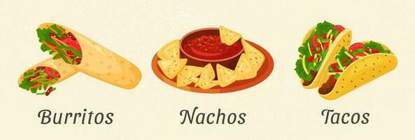 horizontaal banier met Mexicaans traditioneel voedsel en tekst. taco's, nacho's, burrito's. vector banier voor de menu Aan een beige retro achtergrond