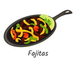 fajitas traditioneel nationaal Mexicaans voedsel. stukken van rundvlees vlees, zoet peper, ui, knoflook in pan. Mexicaans, straat, huis voedsel icoon voor menu. vector illustratie geïsoleerd Aan wit achtergrond