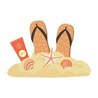 strand slippers, zon room en schelpen Aan zand vector