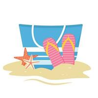 zomer blauw strand zak met slippers en zeester Aan zand vector