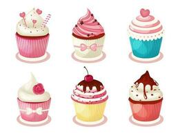 reeks van zoet cupcakes tekenfilm stijl. heerlijk desserts versierd kersen, chocola, kruimels, room, hart top. vector illustratie geïsoleerd Aan wit achtergrond