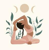 gezichtsloos stijl vrouw aan het doen yoga poseert. jong vrouw met planten. Internationale dag van yoga ontwerp concept. vector illustratie voor welzijn centrum of yoga studio