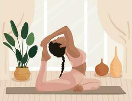 vrouw gezichtsloos stijl, aan het doen yoga poses beoefenen meditatie en uitrekken Aan de mat Bij huis. jong vrouw in huis interieur of studio aan het doen yoga. modieus vlak vector illustratie