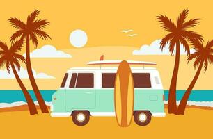 retro mini busje met een surfboard Aan de strand vector illustratie. zomer zee landschap met palm boom. vakantie concept