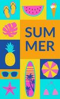 zomer achtergrond in meetkundig stijl. zomertijd poster banier, flyers ontwerp voor web, winkel, bar, reizen. surfplank, strand paraplu, bikini, zeester vector illustratie