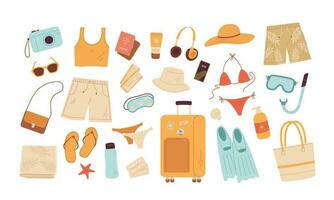 tekenfilm zomer reizen bagage en strand accessoires vector illustratie. vakantie zomer dingen voor zee activiteiten. snorkelen, korte broek, bikini, camera, hoed, koffer