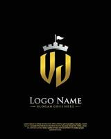 eerste vj brief met schild stijl logo sjabloon vector