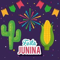 festa junina poster met cactus en traditionele iconen vector