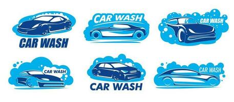 auto wassen pictogrammen met schoon auto's, schuim en bubbels vector