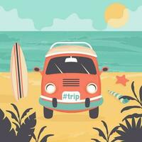 familie auto reis. zomer strand achtergrond met bus kampeerder, surfplanken, tropisch exotisch bladeren, zeester, schelpen, oceaan. reizen door minibus concept. vector tekenfilm vlak illustratie