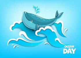 wereld oceanen dag. walvis en papier besnoeiing zee golven vector