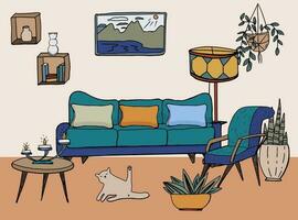 vector interieur van leven kamer, hand- getrokken tekenfilm illustratie. doodles meubels in midden eeuw stijl.