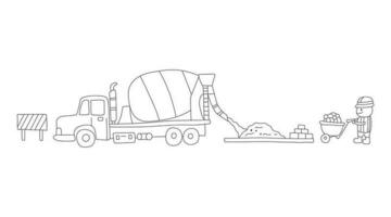 hand- getrokken vector illustratie kleur kinderen bouw reeks cement menger vrachtauto gieten cement met bouw arbeider voortvarend kruiwagen. schattig zwaar plicht bouw vervoer voertuigen